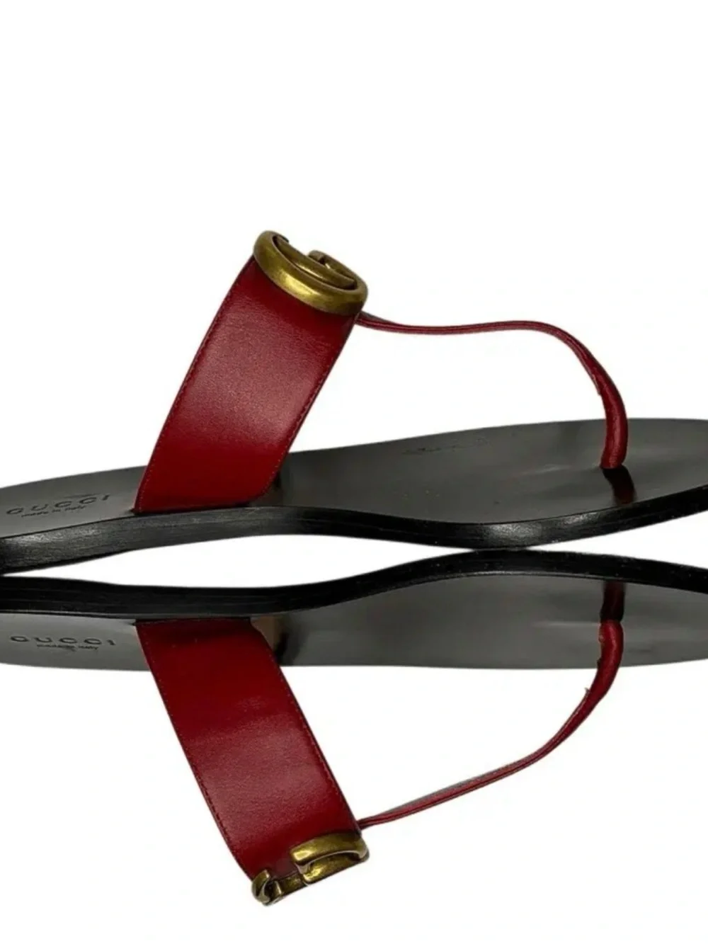 Gucci Red Leather GG T-Strap Sandals with Gold Hardware - Picture 2 of 2